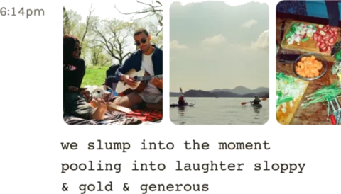 A footnotes entry stamped 6:14pm: three photographs of a picnic, a lake and a chopping board, above a typed note.